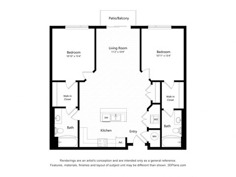 Floor plan for 2 beds, 2 baths, 1161 sqft